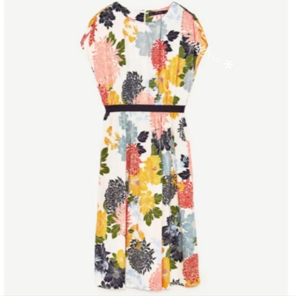 Zara Basic Collection Floral Print Elastic Waist Cap Sleeve Midi Dress Size XS - Picture 3 of 11